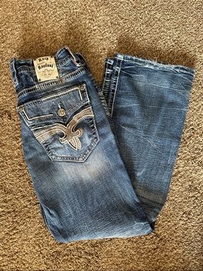 Rock Revival Medium Blue Embroidered Pocket Satellite Bootcut Jeans